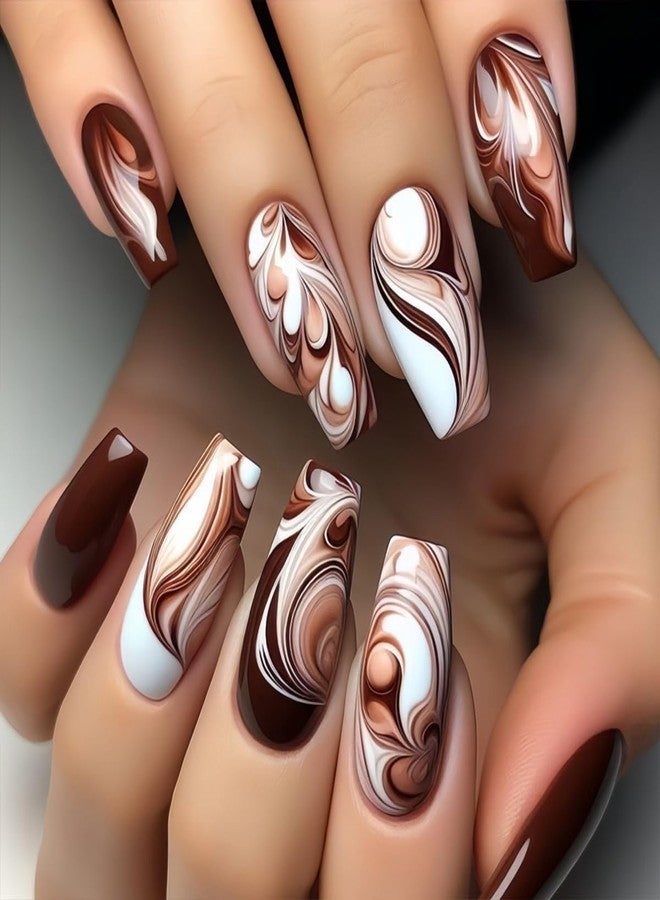 HJKDSFD Brown Marble Press On Nails Medium Length Fake Nails Coffin Shaped Glue On Nails With Coffee Designs Glossy Acrylic Artificial Nail Reusable False Nails For Women Girls 24pcs - Image 1